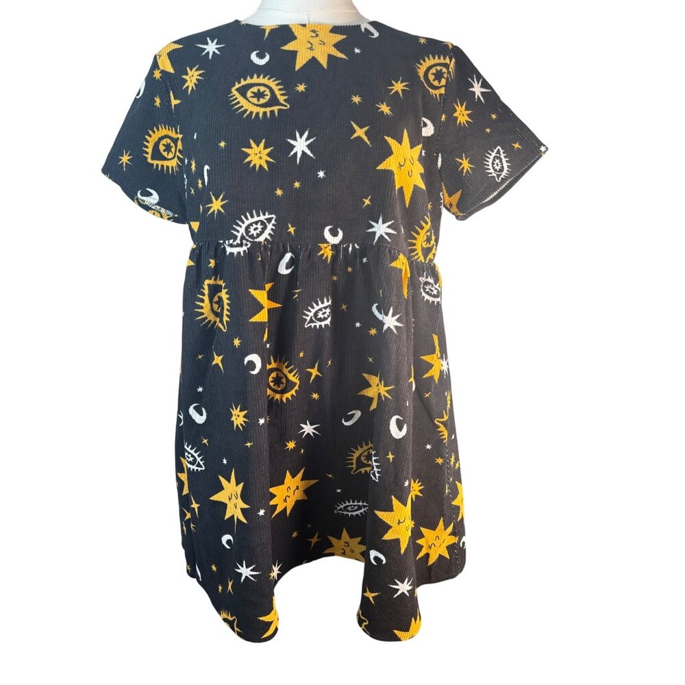 Black Friday Size 6 Cosmic Print Mini Black Gold White Corduroy Dress NWT - Picture 4 of 16